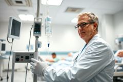 A focused doctor in a white coat and gloves stands in a modern hospital setting. Medical equipment, including an IV drip and monitor, are prominently featured. The scene conveys a sense of healthcare, patient care, and medical professionalism with a clean, bright, and clinical aesthetic.