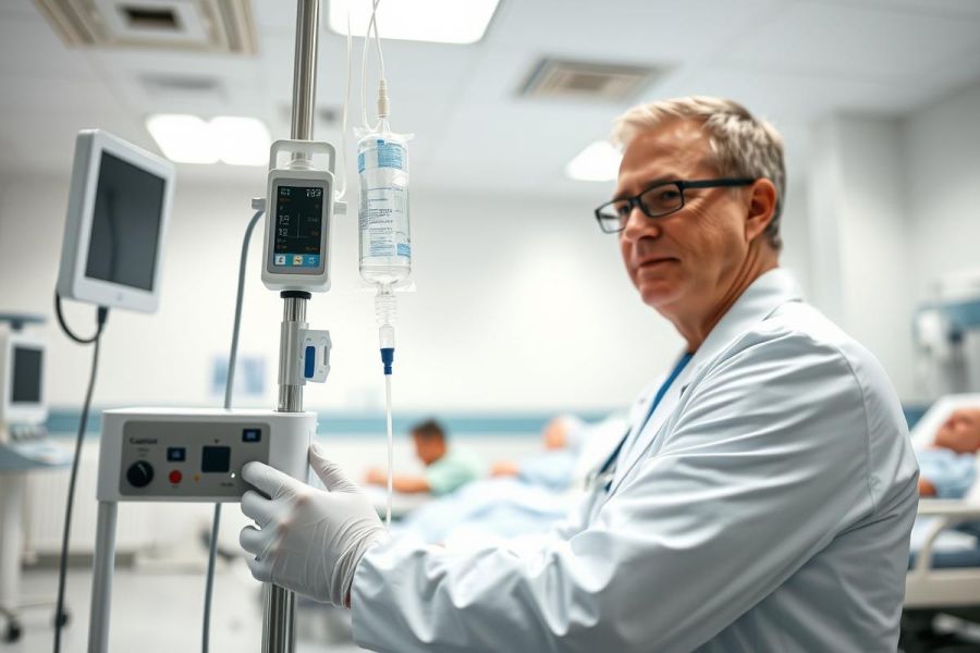 A focused doctor in a white coat and gloves stands in a modern hospital setting. Medical equipment, including an IV drip and monitor, are prominently featured. The scene conveys a sense of healthcare, patient care, and medical professionalism with a clean, bright, and clinical aesthetic.