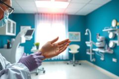 Doctor wearing gloves in a blue dental office. Focus on hands, demonstrating hygiene protocols. Modern dental clinic setting.