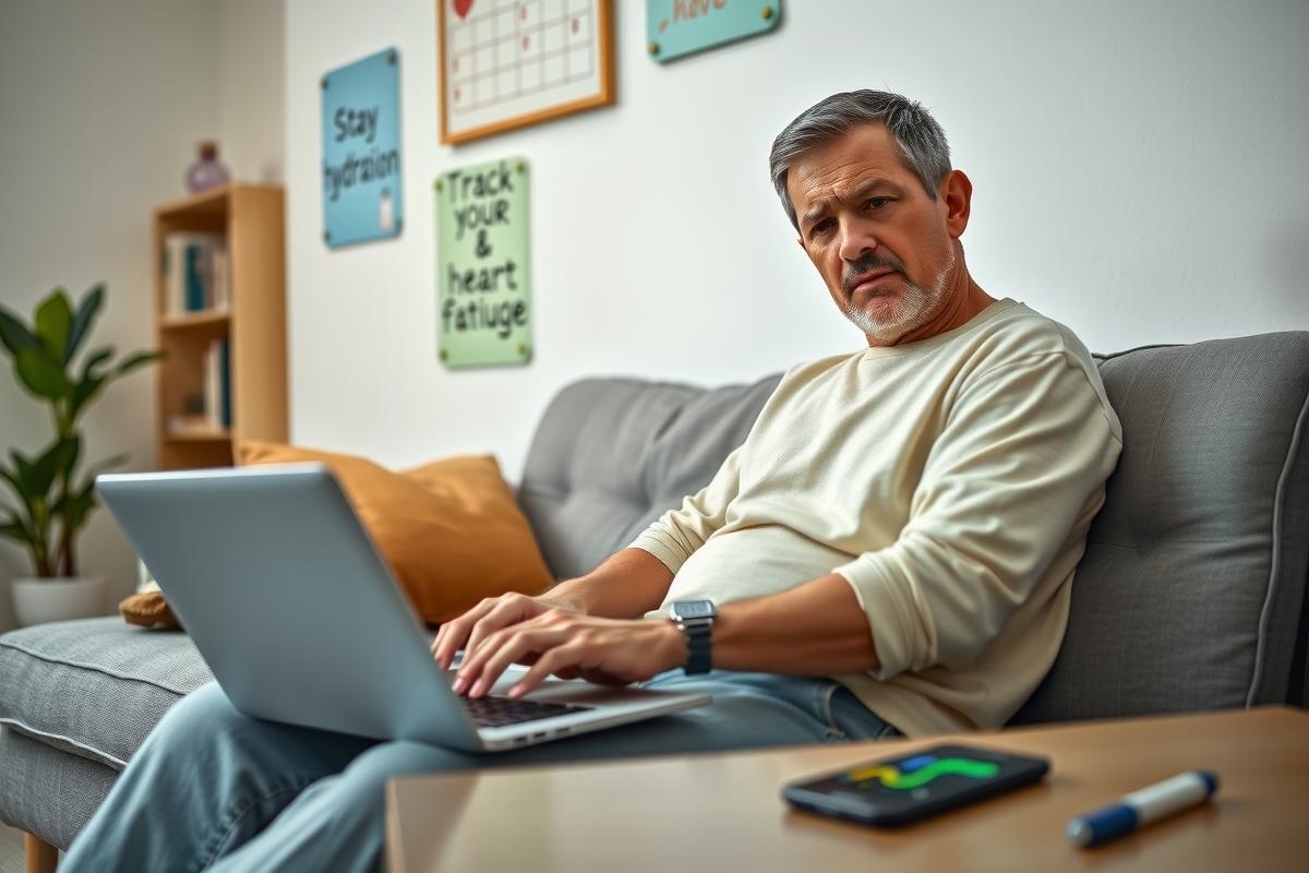 The image features a middle-aged man sitting comfortably on a couch in his living room. He appears to be engrossed in work or personal tasks, as he is using a laptop with visible keystrokes.