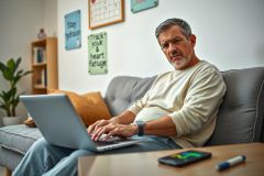 The image features a middle-aged man sitting comfortably on a couch in his living room. He appears to be engrossed in work or personal tasks, as he is using a laptop with visible keystrokes.