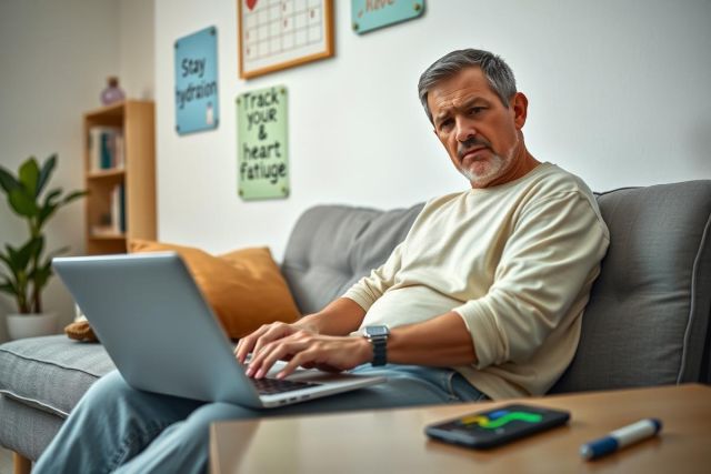 The image features a middle-aged man sitting comfortably on a couch in his living room. He appears to be engrossed in work or personal tasks, as he is using a laptop with visible keystrokes.