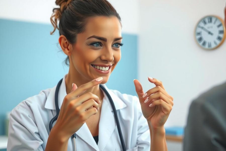 Doctor in a white coat speaking to a patient in an office setting. Healthcare professional, medical consultation, friendly communication, clinical environment.