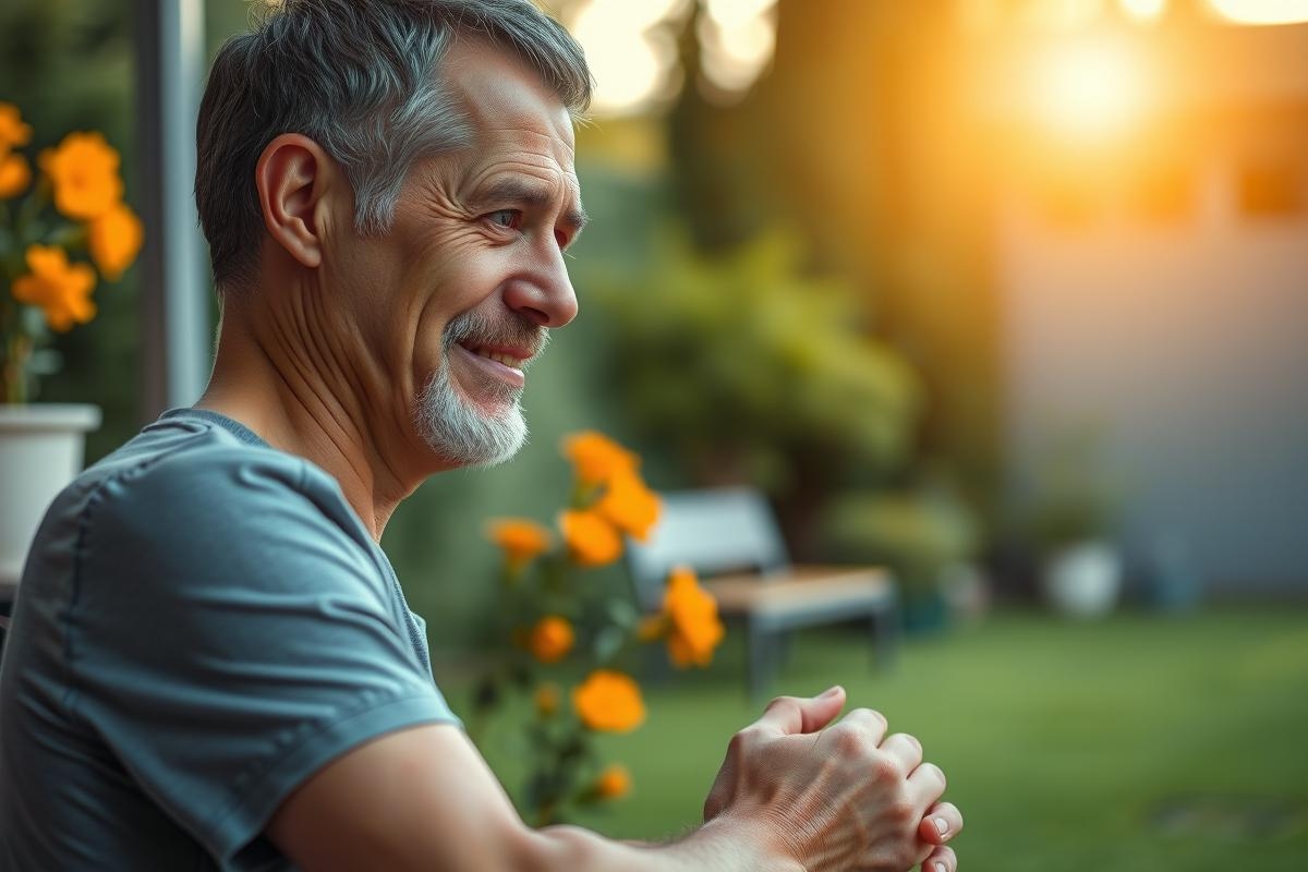The image shows a man sitting on the porch with his hands clasped. He has grey hair and is wearing a casual outfit, suggesting a relaxed setting possibly during sunset as indicated by warm lighting in the background.