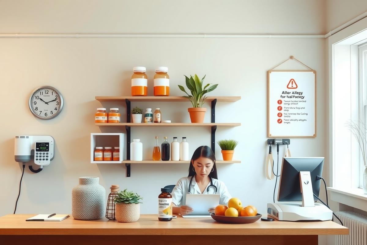 The image depicts a modern, minimalist health food store interior. A woman stands behind the counter, working on a computer. The store features wooden shelves stocked with jars of various products, indicating natural and possibly organic ingredients.
