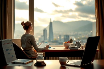The image depicts a professional environment where a woman is seated at her desk, focused on work. She appears to be reading or writing on a piece of paper, possibly in an office setting with large windows overlooking a city skyline.