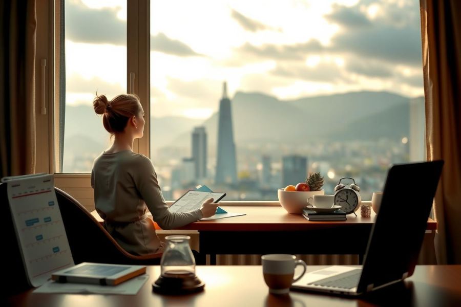 The image depicts a professional environment where a woman is seated at her desk, focused on work. She appears to be reading or writing on a piece of paper, possibly in an office setting with large windows overlooking a city skyline.