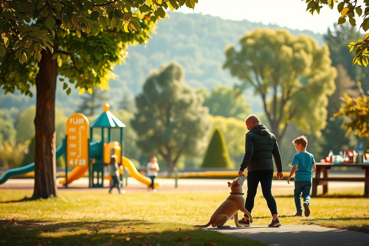 In the image, a man and a young boy are enjoying their time in a park. The man is walking with a dog on a leash, while the boy appears to be running ahead of them. They're surrounded by greenery, including trees and grass, which creates a natural and serene environment. The park setting is further emphasized by the presence of playground equipment such as swings and slides in the background.
