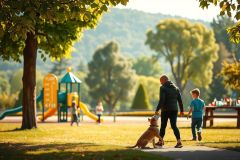 In the image, a man and a young boy are enjoying their time in a park. The man is walking with a dog on a leash, while the boy appears to be running ahead of them. They're surrounded by greenery, including trees and grass, which creates a natural and serene environment. The park setting is further emphasized by the presence of playground equipment such as swings and slides in the background. 