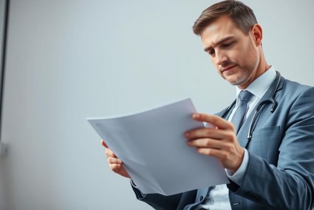 A focused male doctor in a grey suit and stethoscope examines medical documents against a neutral grey background. The image depicts healthcare, review of patient records, and professional medical consultation. The overall tone is serious and clinical.