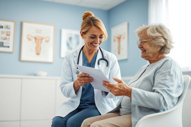 A female doctor in a white coat and stethoscope examines a patient's medical records in a bright, blue-toned clinic setting. The image depicts a healthcare consultation with an older woman, focusing on patient care and medical examination. Anatomy charts are visible on the wall.