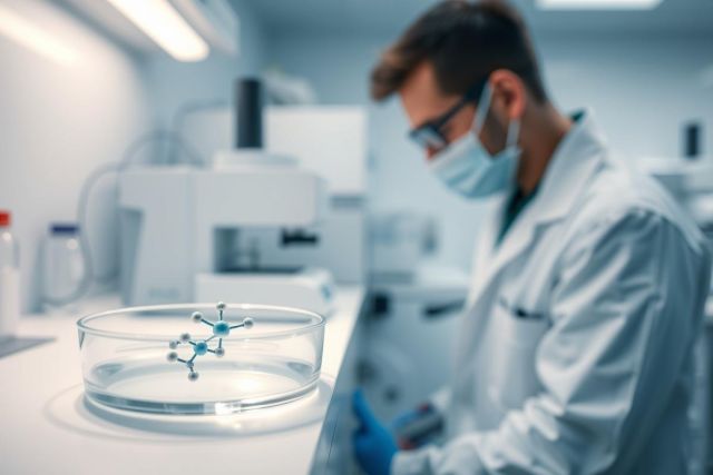 Scientist in a lab examining a 3D molecular model in a petri dish. The sterile environment features white surfaces, lab equipment, and a blurred researcher wearing protective gear, suggesting scientific research and biotechnology.