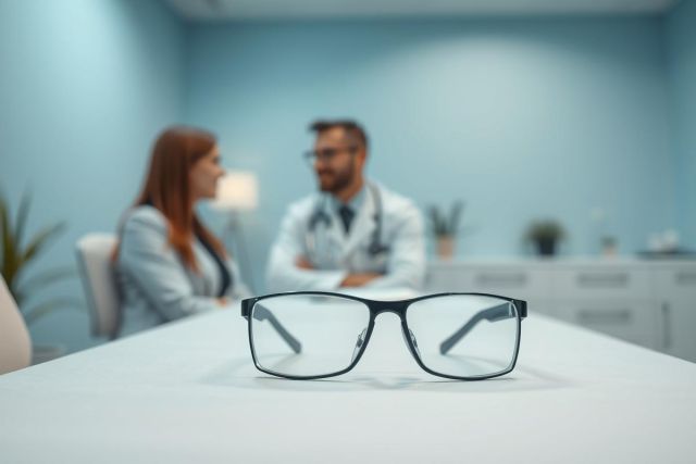 Eyeglasses on a table in a doctor's office. A blurred background shows a patient and a doctor during a consultation, suggesting an eye exam or vision care. Blue and white tones dominate the scene.