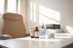 Skincare products arranged on a white surface, including a cream jar, serum bottle, and lotion. Natural light illuminates the scene, showcasing a minimalist aesthetic and highlighting the textures of the beauty items.
