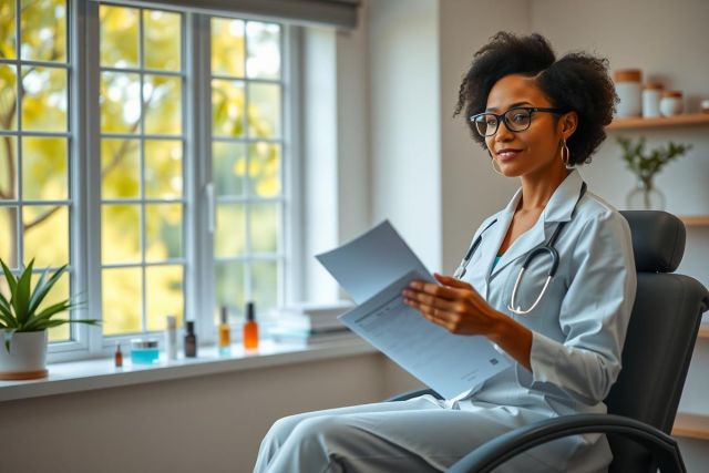 A female doctor in a lab coat reviews a file while seated in a medical office. Natural light streams through the window, highlighting the professional setting. The scene conveys a sense of focus and healthcare expertise.