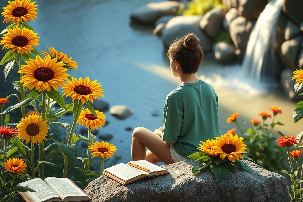 A tranquil scene where a woman is sitting on a rock near vibrant sunflowers and water, reading a book. The environment includes lush greenery and a gentle waterfall in the background.