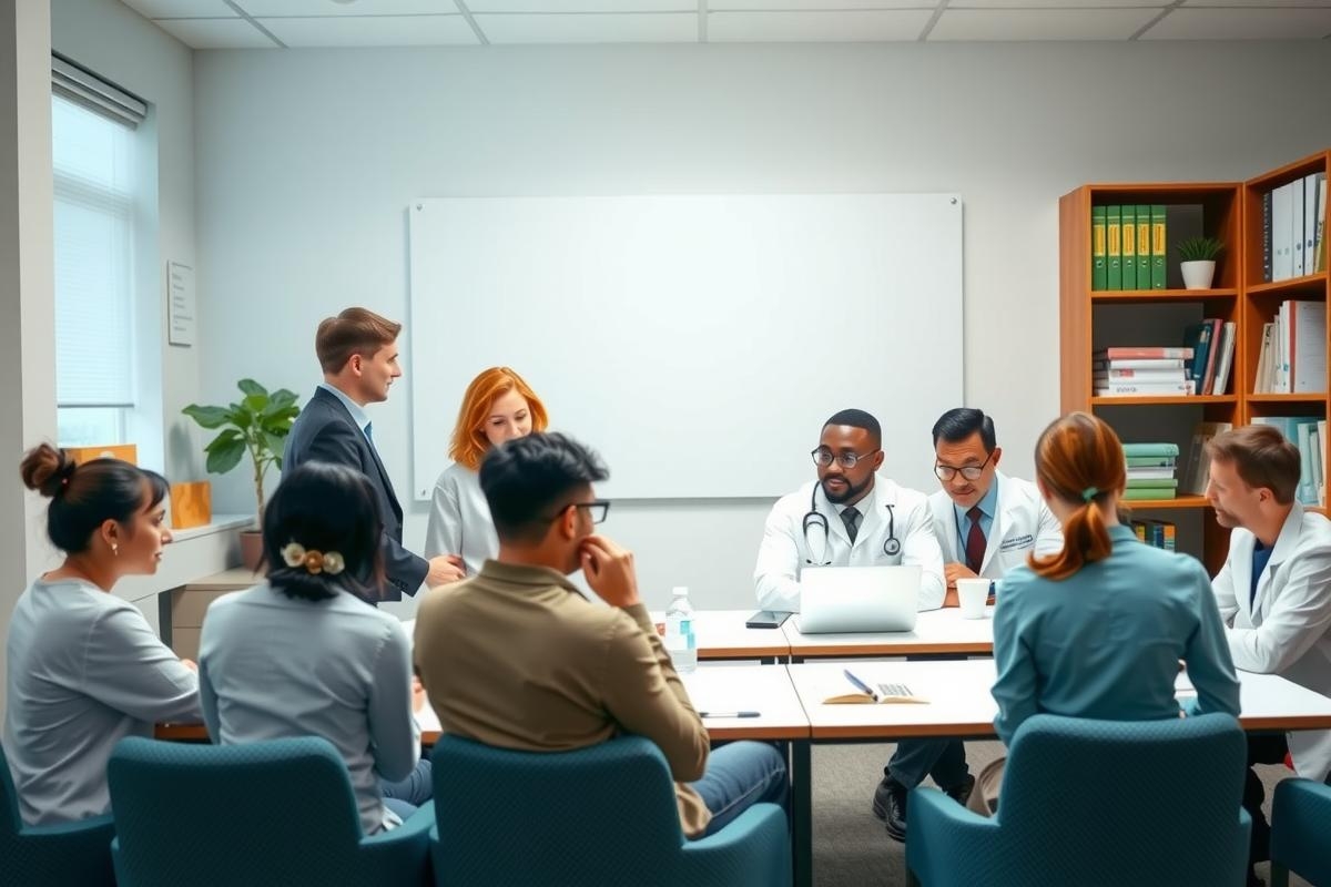 The image depicts a group of medical professionals in a boardroom setting. They are seated around a large rectangular table, which has a whiteboard and several books on it. The individuals at the table appear to be engaged in a discussion or presentation. There is no text visible in the image that provides additional context.
