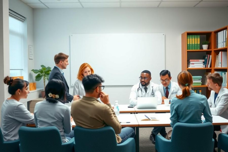 The image depicts a group of medical professionals in a boardroom setting. They are seated around a large rectangular table, which has a whiteboard and several books on it. The individuals at the table appear to be engaged in a discussion or presentation. There is no text visible in the image that provides additional context.