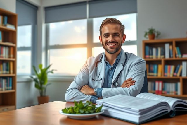 The image shows a young man seated at a desk, appearing to be in an office or study environment.