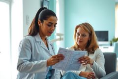 Doctor examines patient's medical records in a bright clinic. Healthcare professional reviewing documents with a concerned patient. Warm, inviting office setting.