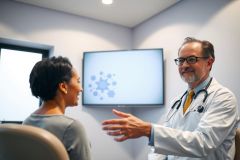 Doctor consults with patient in a medical office. Healthcare professional wearing a white coat and stethoscope engages in a discussion with a female patient. Clinical setting with neutral color palette.