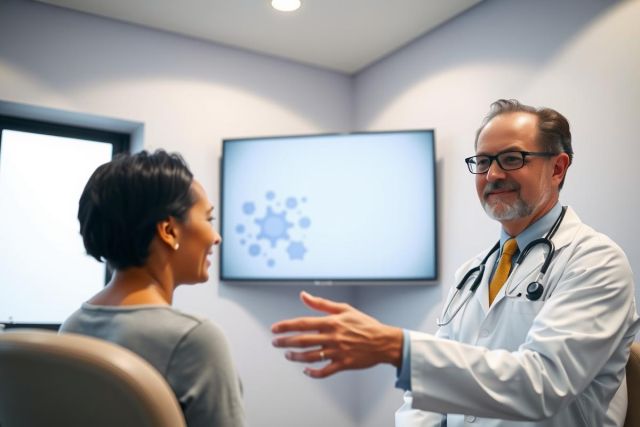 Doctor consults with patient in a medical office. Healthcare professional wearing a white coat and stethoscope engages in a discussion with a female patient. Clinical setting with neutral color palette.