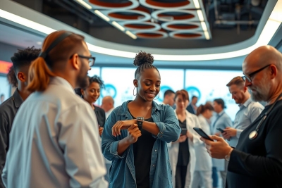 The image depicts a group of people engaged in conversation. In the center, there's a woman wearing a bright blue shirt and black pants who seems to be sharing something with others around her.