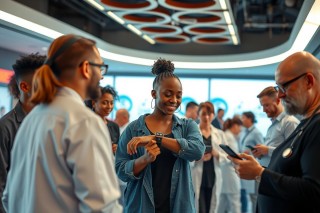 The image depicts a group of people engaged in conversation. In the center, there's a woman wearing a bright blue shirt and black pants who seems to be sharing something with others around her.