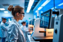 Medical lab technician examining a diagnostic scan on a monitor in a clean, modern facility. Focus on technology, healthcare, and precision.