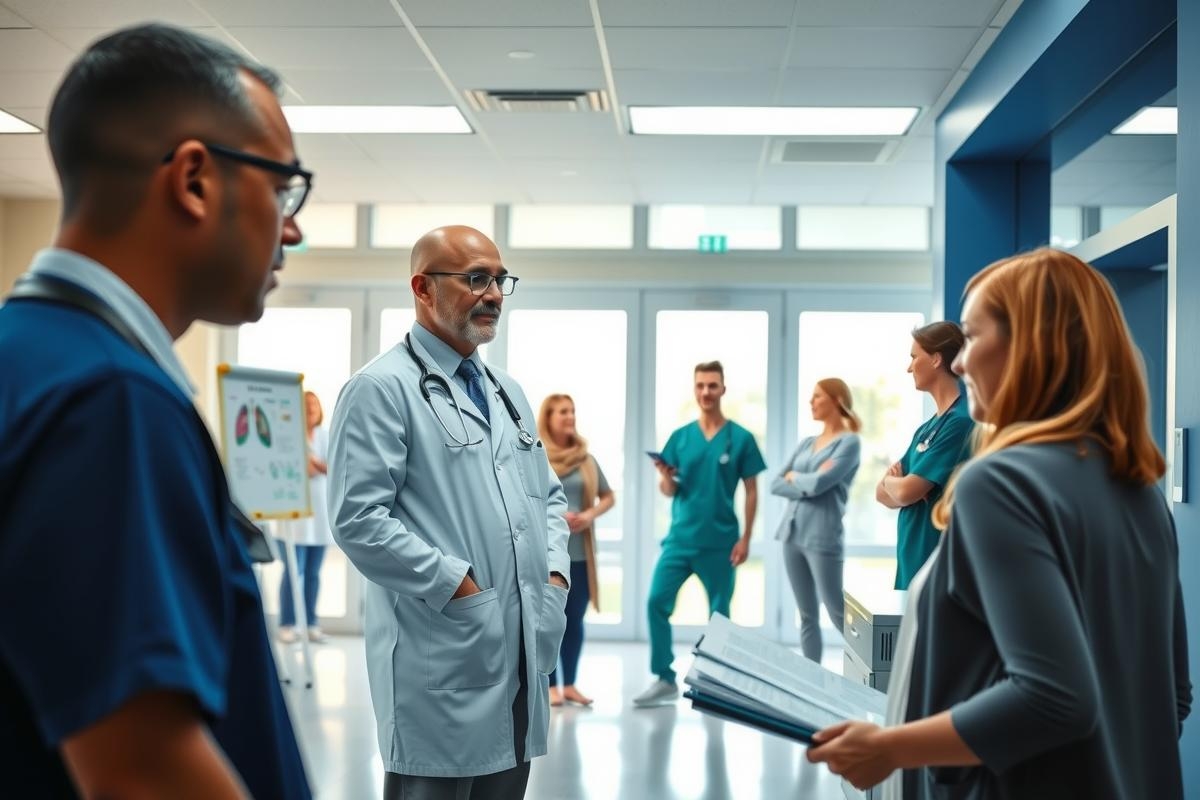 In the image, a group of medical professionals are gathered in what appears to be a hospital setting. There is a focus on an individual at the center who might be presenting or explaining information to others. The environment suggests a clinical and professional atmosphere with various personnel attentively engaged in the discussion. The color scheme consists of typical medical scrubs, white walls, and the use of blue lighting which adds a calm yet efficient ambiance to the scene.