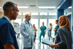 In the image, a group of medical professionals are gathered in what appears to be a hospital setting. There is a focus on an individual at the center who might be presenting or explaining information to others. The environment suggests a clinical and professional atmosphere with various personnel attentively engaged in the discussion. The color scheme consists of typical medical scrubs, white walls, and the use of blue lighting which adds a calm yet efficient ambiance to the scene.