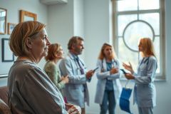 The image shows a group of medical professionals gathered around a patient in what appears to be a hospital room. The professionals are dressed in scrubs and lab coats, suggesting they might be doctors or nurses. 