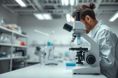 Scientist using a microscope in a modern laboratory. The image depicts research and scientific analysis with a focus on laboratory equipment and a clean, bright environment. Predominant colors are white and blue, suggesting a sterile and professional setting.