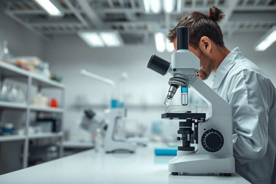 Scientist using a microscope in a modern laboratory. The image depicts research and scientific analysis with a focus on laboratory equipment and a clean, bright environment. Predominant colors are white and blue, suggesting a sterile and professional setting.