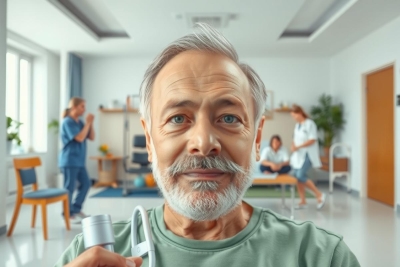 The image features a man with gray hair, sitting in what appears to be an examination or consultation room. He is holding a stethoscope and has a concerned expression on his face.