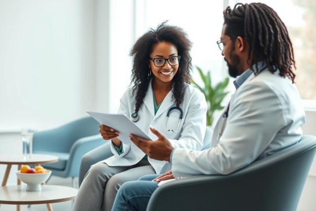 Two doctors in a bright, modern clinic. A smiling female doctor in a white coat and stethoscope reviews documents alongside a male doctor. The themes of healthcare, medical consultation, and patient care are prominent.