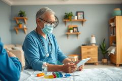 The image shows a healthcare professional, likely a doctor or nurse, wearing a surgical mask and scrubs. The setting appears to be an indoor environment resembling a clinic or hospital room.