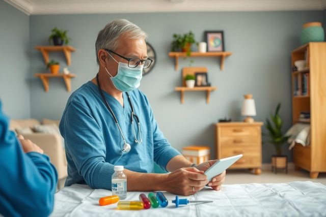 The image shows a healthcare professional, likely a doctor or nurse, wearing a surgical mask and scrubs. The setting appears to be an indoor environment resembling a clinic or hospital room.