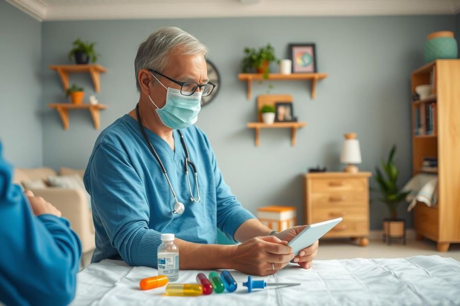 The image shows a healthcare professional, likely a doctor or nurse, wearing a surgical mask and scrubs. The setting appears to be an indoor environment resembling a clinic or hospital room.