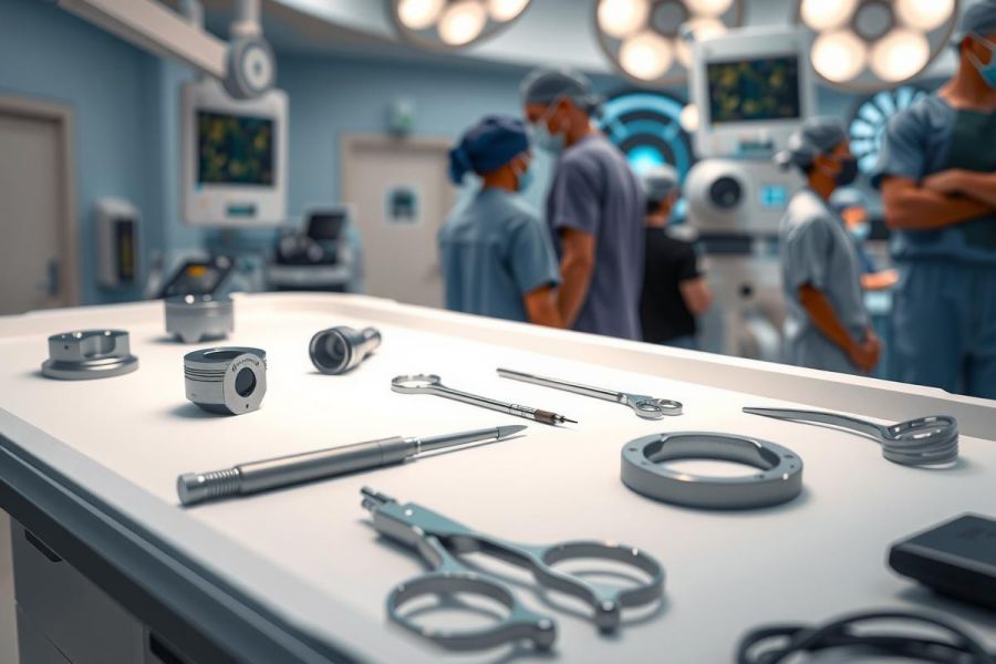 Surgical instruments laid out on a sterile table in an operating room. Focus is on the tools, with medical staff blurred in the background. Clean, bright environment, typical of a surgical setting.