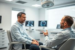 Medical consultation in a modern clinic. Two men converse, likely discussing hair restoration or hair transplant options, with digital head scans visible on screens. Bright, clean white interior, professional setting. Healthcare, doctor, patient, consultation.