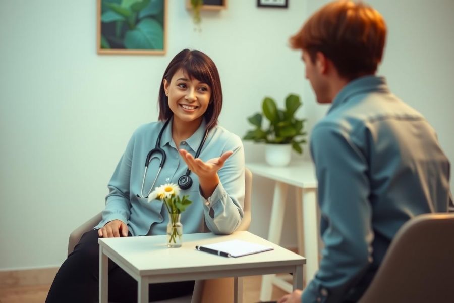 Doctor consults patient in a bright, modern office setting. Wearing a stethoscope, the doctor speaks with a concerned expression. Natural light and greenery create a calming atmosphere.