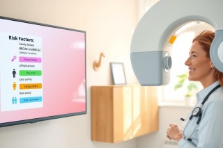 The image shows a medical environment with a healthcare professional wearing scrubs and a stethoscope around their neck, focused on a television screen. The screen displays an informational graphic related to breast cancer risk factors, presented in a visually appealing way that includes colorful boxes and arrows, suggesting it's part of a medical presentation or patient education tool.