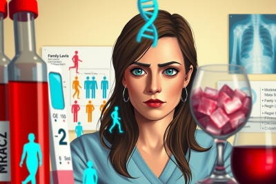 The image portrays a woman with brown hair, who appears to be a nurse, given her blue scrubs. She is looking off to the side with a concerned expression on her face. In front of her are two red wine glasses filled with red wine and three bottles labeled 'mirac'. The background features a poster that reads 'family health', indicating a medical or healthcare setting. A small blue figure can be seen next to the woman, possibly representing a patient or a disease marker.