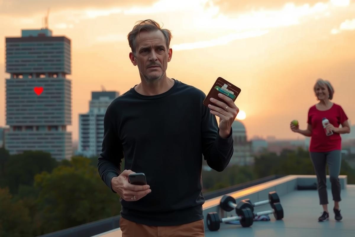 This image captures a moment in the life of actor Jude Law, set against the backdrop of an urban skyline at sunset. He is standing and looking away from the camera with a thoughtful expression on his face, holding a smartphone in his hand. His attire consists of casual clothing suitable for a relaxed stroll through the city streets. The warm colors of the sunset add to the serene atmosphere captured in this image.