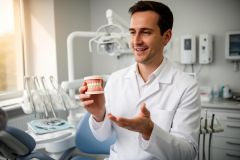 Dentist in an exam room holding a dental model and explaining tooth restoration and care to a patient.