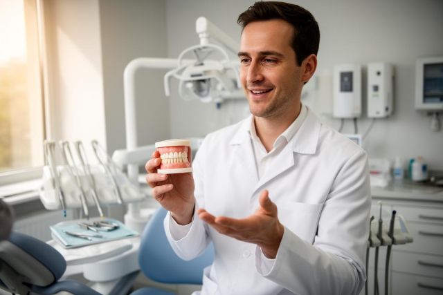 Dentist in an exam room holding a dental model and explaining tooth restoration and care to a patient.