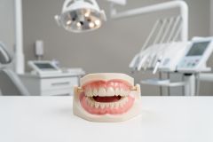 Dental clinic model of full upper and lower dentures on a counter, highlighting denture fit and condition.