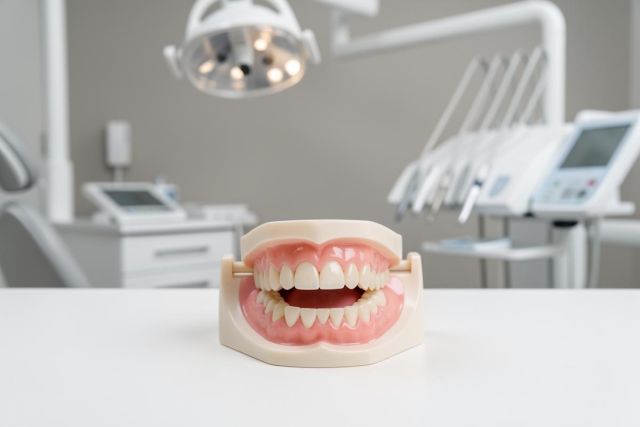 Dental clinic model of full upper and lower dentures on a counter, highlighting denture fit and condition.