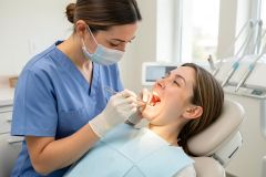 Female dentist wearing mask and gloves examines a patient's open mouth with dental mirror and probe.